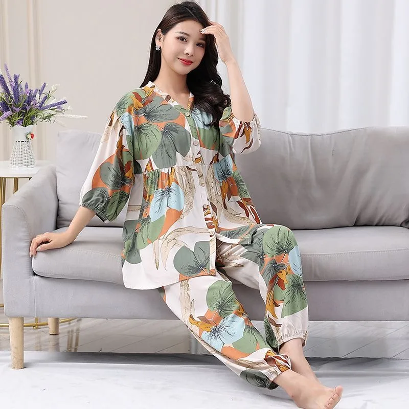 New women Cotton Silk Pajamas Summer Thin Cropped Sleeve Home Clothes Cardigan Air Conditioning Suit Chinese Style Sleepwear