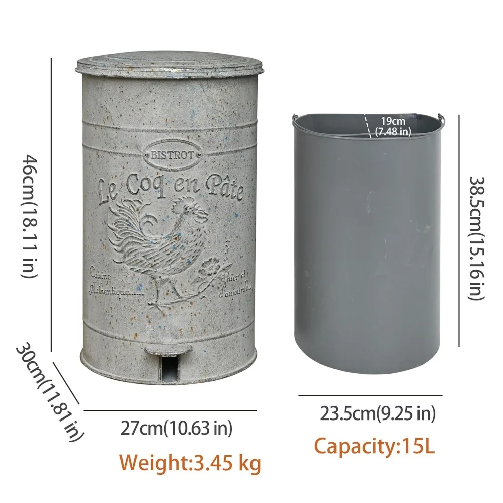Retro-Style 15L Touchless Pedal Kitchen Trash Can with Rooster Pattern and Lid for Easy Waste Disposal