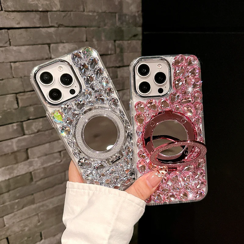 Funda de teléfono para iPhone 16, 15, 14, 13, 12, 11 Pro Max Plus INS, funda protectora coreana de lujo con diamantes de imitación y soporte para espejo de maquillaje