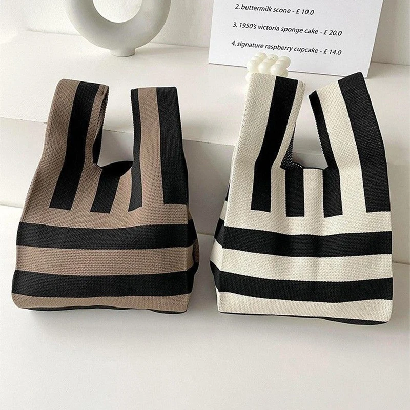 Handmade Knit Handbag Women Mini Knot Wrist Bag Japanese Casual Color Wide Stripe Plaid Tote Bag Student Reusable Shopping Bags