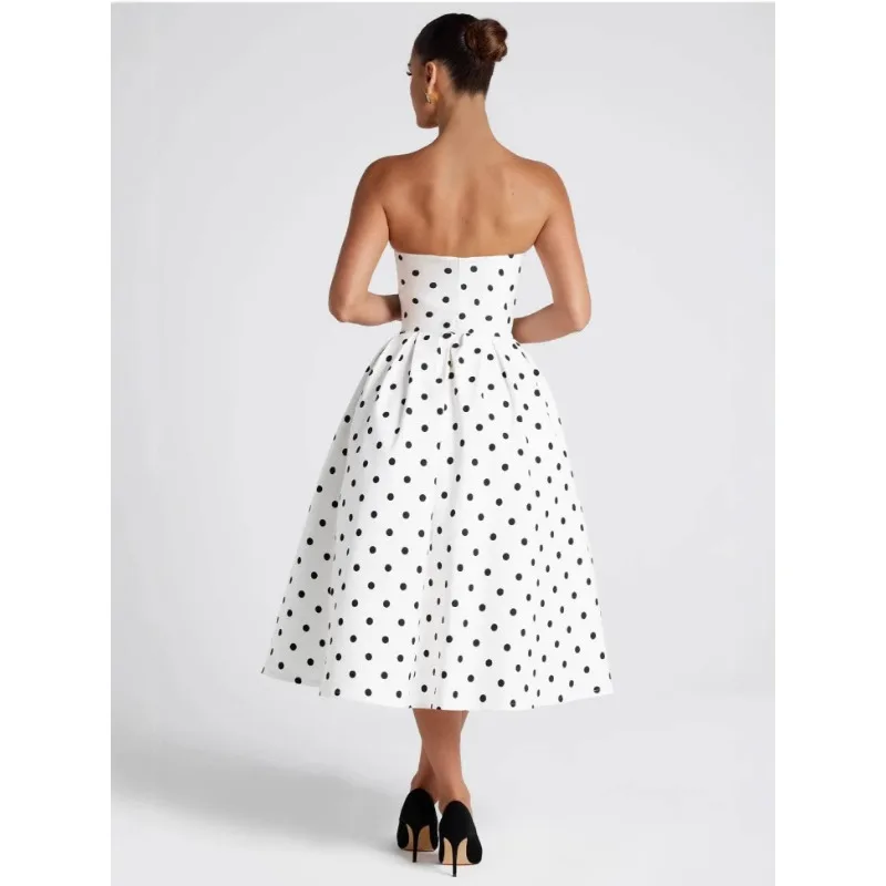 Vestido de cóctel sin tirantes con hombros descubiertos para mujer, elegante vestido de noche Formal para graduación y boda con falda plisada de lunares