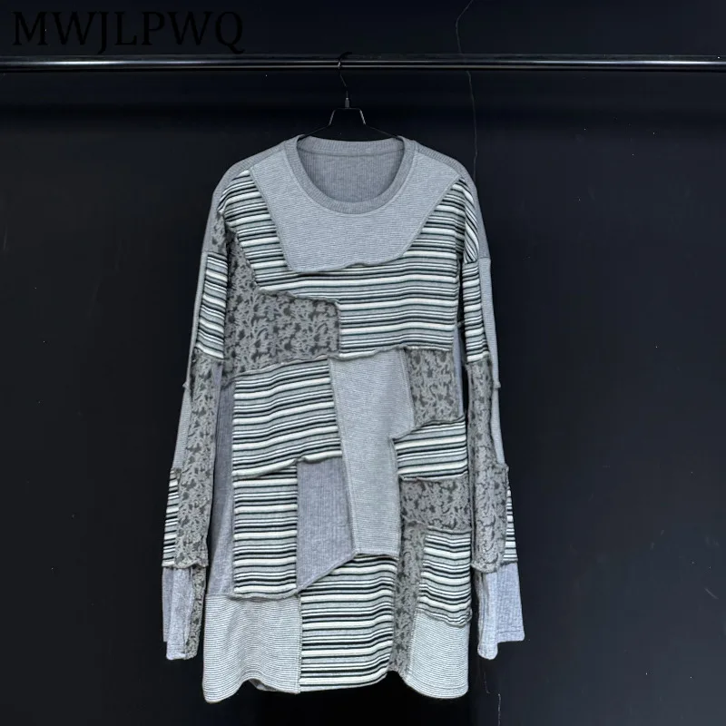 

MWJLPWQ Casual Striped Patchwork Long-Sleeve T-Shirt For Men Women Street Design Gray Loose-Fitting Versatile Fashion Tops 16603