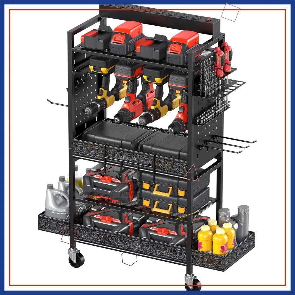 

Тележка-органайзер для электроинструментов с зарядной станцией, черная, на колесах, для хранения дрелей, подарок для мужчин