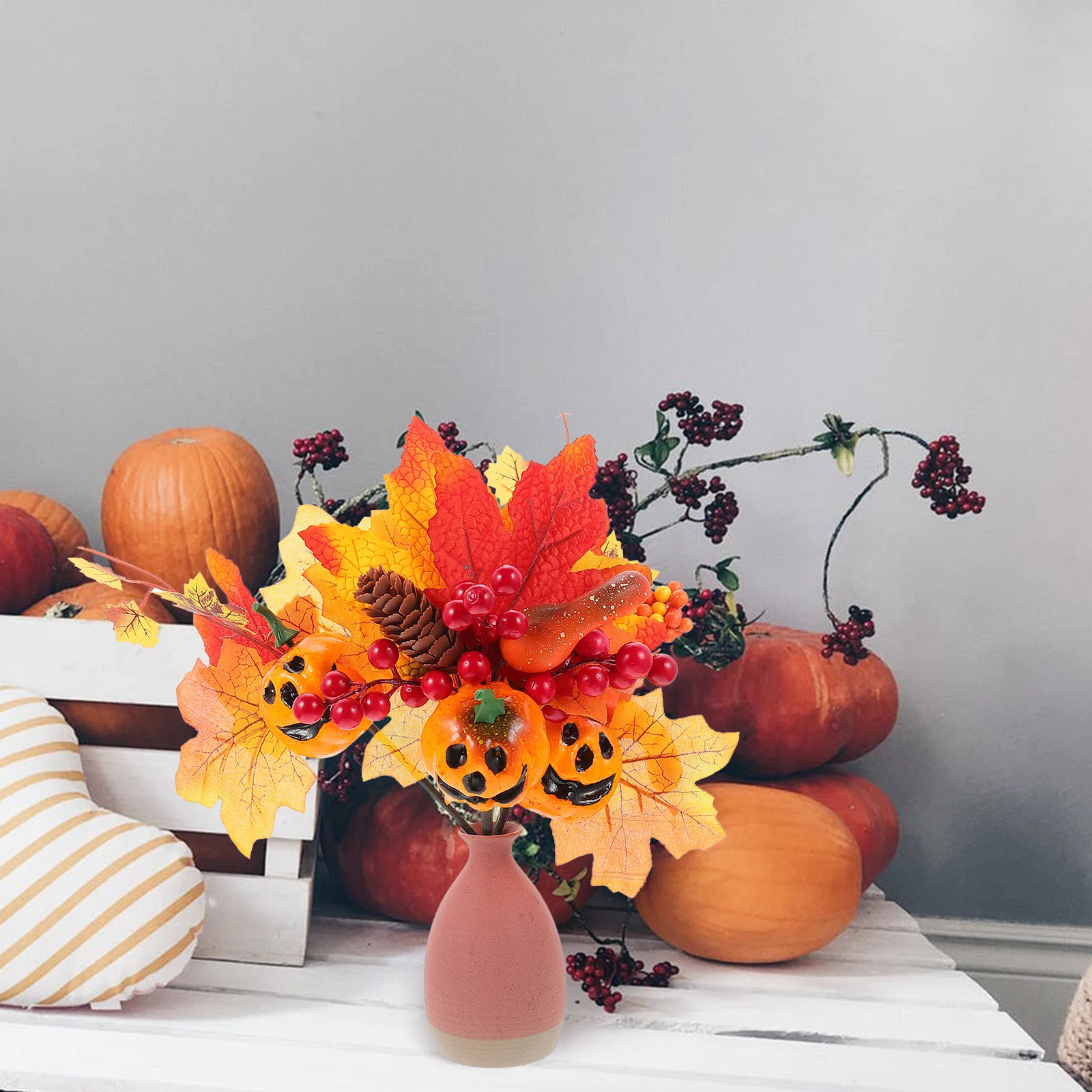 

3pcs Pumpkin Berries Decoration Fall Artificial Maple Leaves Branch Thanksgiving Centerpiece Vase Filler Ornament Rustic