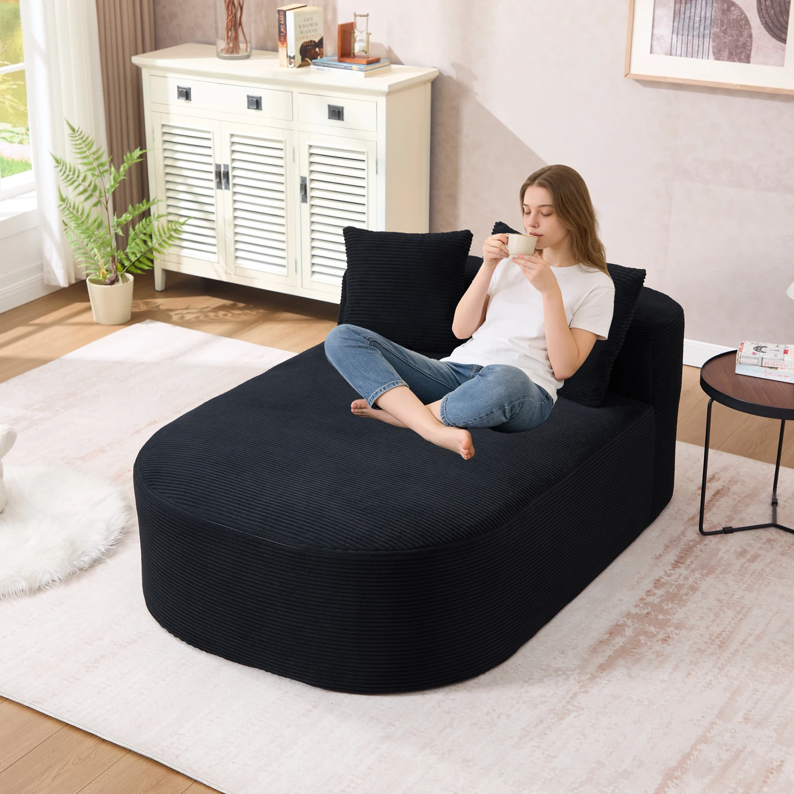 67 Inch Chaise Lounge Chair Indoor, Corduroy Upholstered Boneless Sofa Bed, Deep Seat Couch Reading Chairs for Living Room