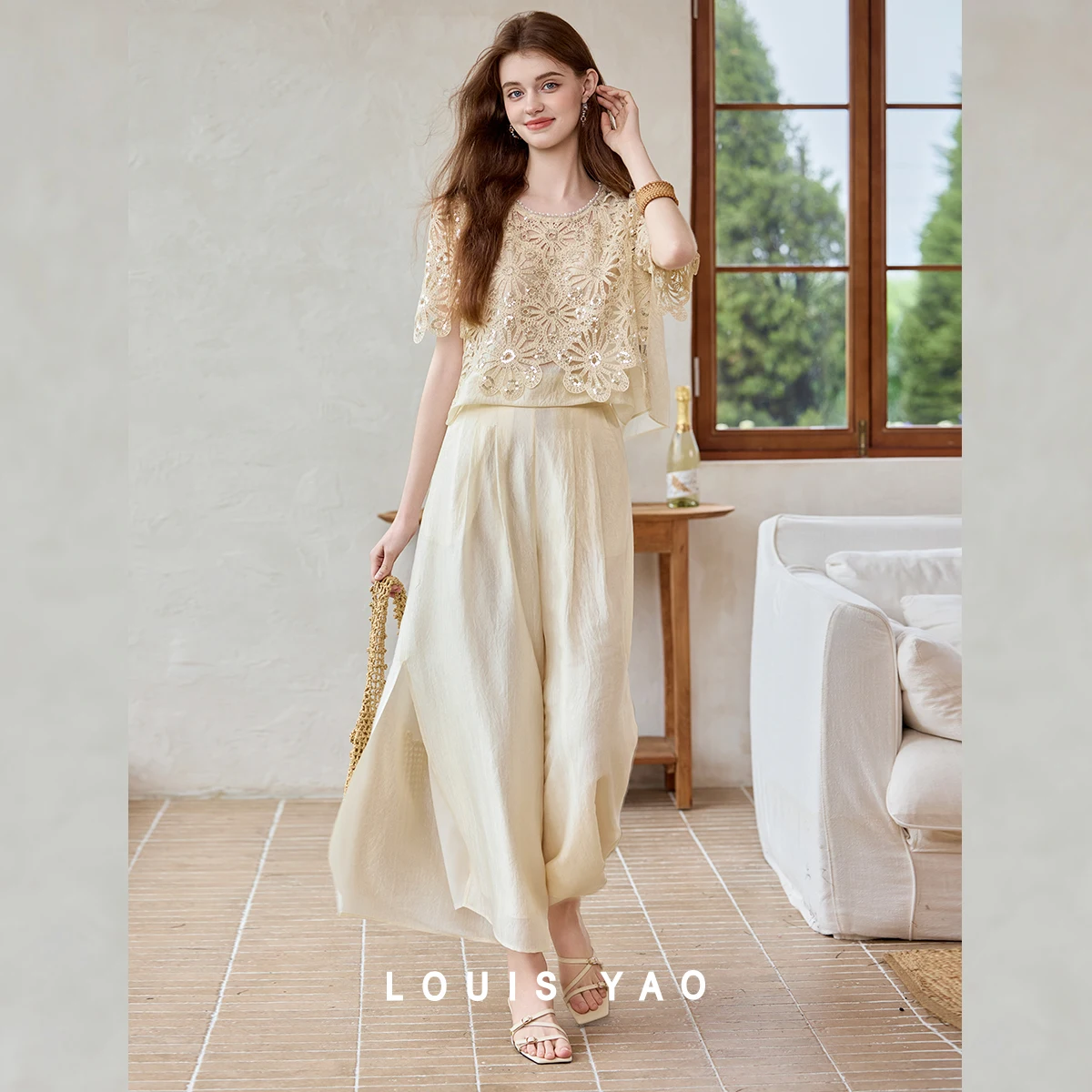LOUIS YAO Women's Matching Sets 2026 Summer Outfit Sequin Hollow Lace Top Slim-Fit Wide-Leg Pants for Commute Date Dress Sets