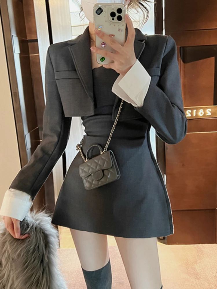 Conjunto de vestido coreano de duas peças para mulheres, blazer casual, conjunto de vestido com casaco e alça, slim fit, vintage e elegante, preto e