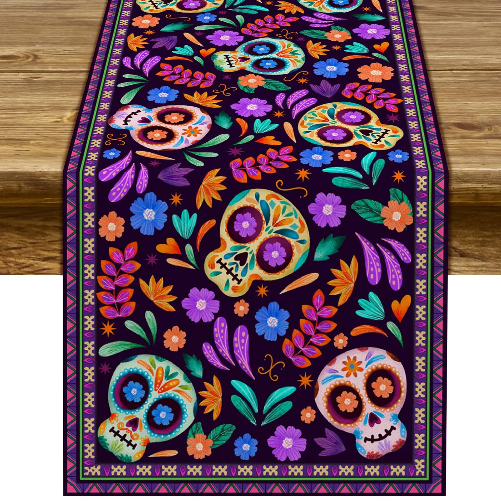 

Dia De Los Muertos Table Runner Cinco de Mayo Rustic Linen Mexican Sugar Skull Day of The Dead Altar Decor for Home Dining Room