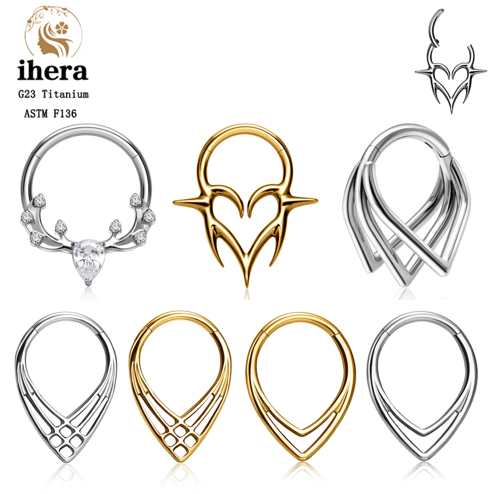 ASTM F136 Titanium Piercing Septum Water Drop Heart Nose Rings 16G CZ Hinged Clicker Cartilage Helix Tragus Earring Body Jewelry