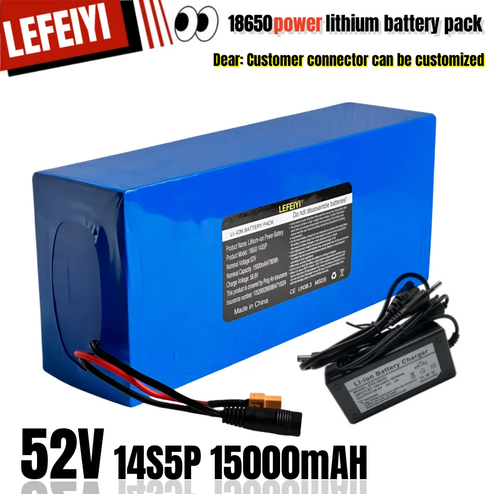 Paket baterai Lithium, 52V 14S5P 15000mah 18650 dapat diisi ulang dengan bmsfit bawaan sepeda listrik papan seluncur 58.8V