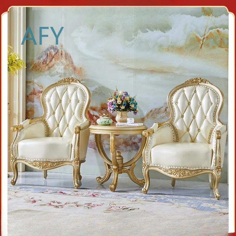 European Leather Solid Wood Leisure Chair for Bedroom Study Living Room Office High Back Armchair Single Sofa Chair Tiger