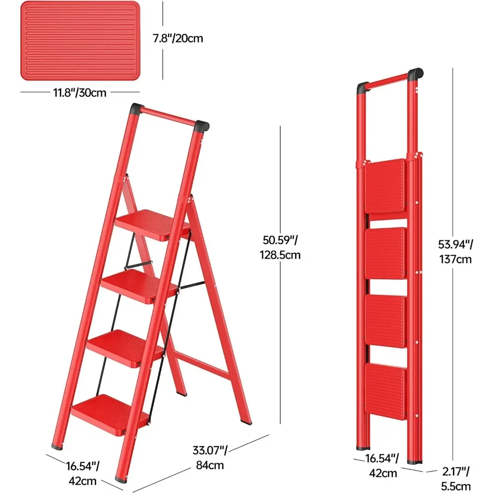 4 Step Ladder, Foldable Step Stools for Adults , Lightweight Sturdy Steel Ladder,Portable Folding Ladder for Home Kitchen Office