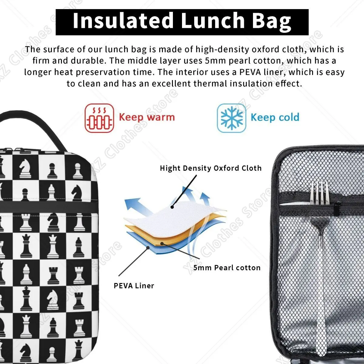 Black and White Chess Board Pattern Insulated Lunch Bag for Women Kids Leakproof Food Boxes Thermal Lunch Box Tote