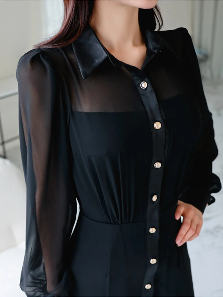 Abito professionale elegante stile camicia Abiti da donna Nero sexy trasparente trasparente a maniche lunghe Abito da lavoro femminile Abiti da strada