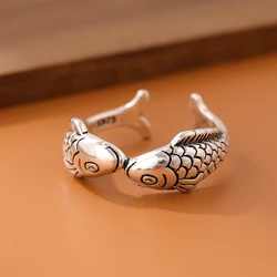 New Retro 925 Sterling Silver Jewelry Thai Silver Fashion Small Goldfish Pisces Fish Kiss Animal Elegant Opening Rings    R143