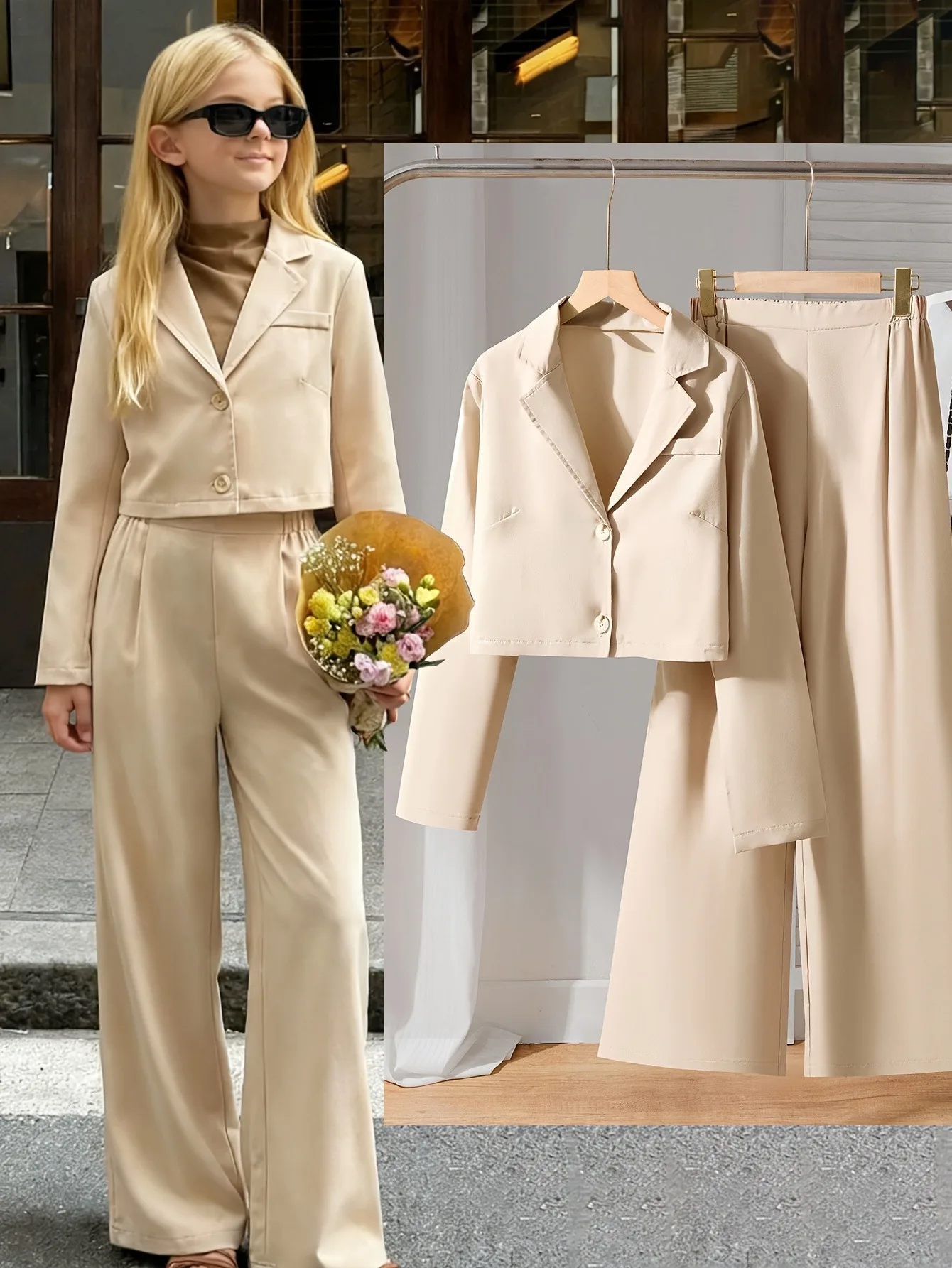 Girls 2Pcs Khaki Cropped Blazer Wide Leg Pants Set Lapel Button Suit Kids Formal School Holiday Business Casual Outfit