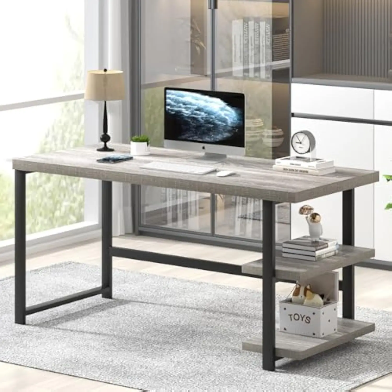 

FOLUBAN Computer Desk, Modern Home Office Desk with Shelves, Wood Writing Study Gaming Table for Living Room Bedroom, Light Gre
