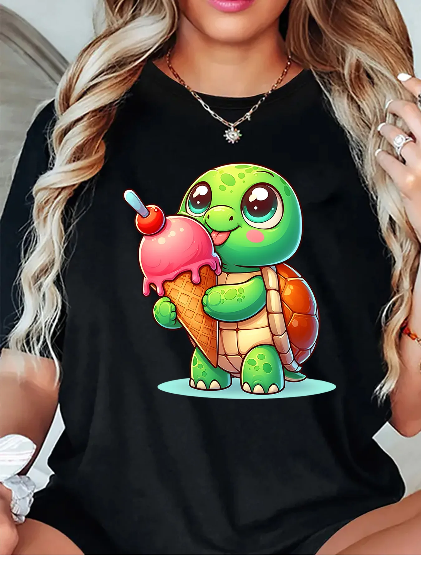 Cute Turtle Holding Ice Cream Graphic Womens T Shirt Short Sleeve Crew Neck Sweet Summer Animal Casual Daily Ladies Tee Tops