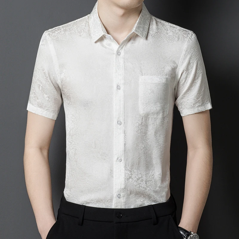 Naturally Antibacterial Silk Shirts For Men Short Sleeve High-End Summer Lightweight Coolness Quality Pocket Lapel Chemise Homme
