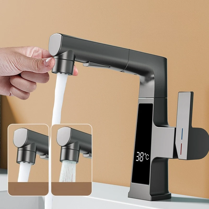 

Home Digital Display Pull-out Basin Faucet with Upward Water Flow for Brushing Mouth; Cold and Hot Dual-use Faucet