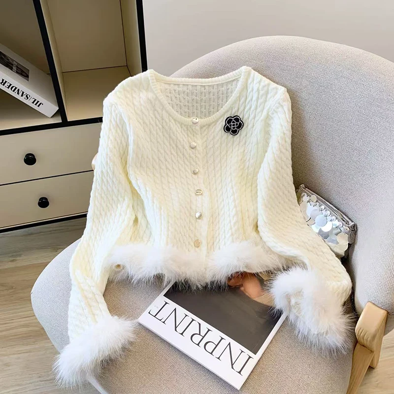 Cárdigan de punto informal elegante para mujer, suéter liso de retales peludo con botones de manga larga, prendas de vestir sencillas y elegantes con cuello redondo para oficina