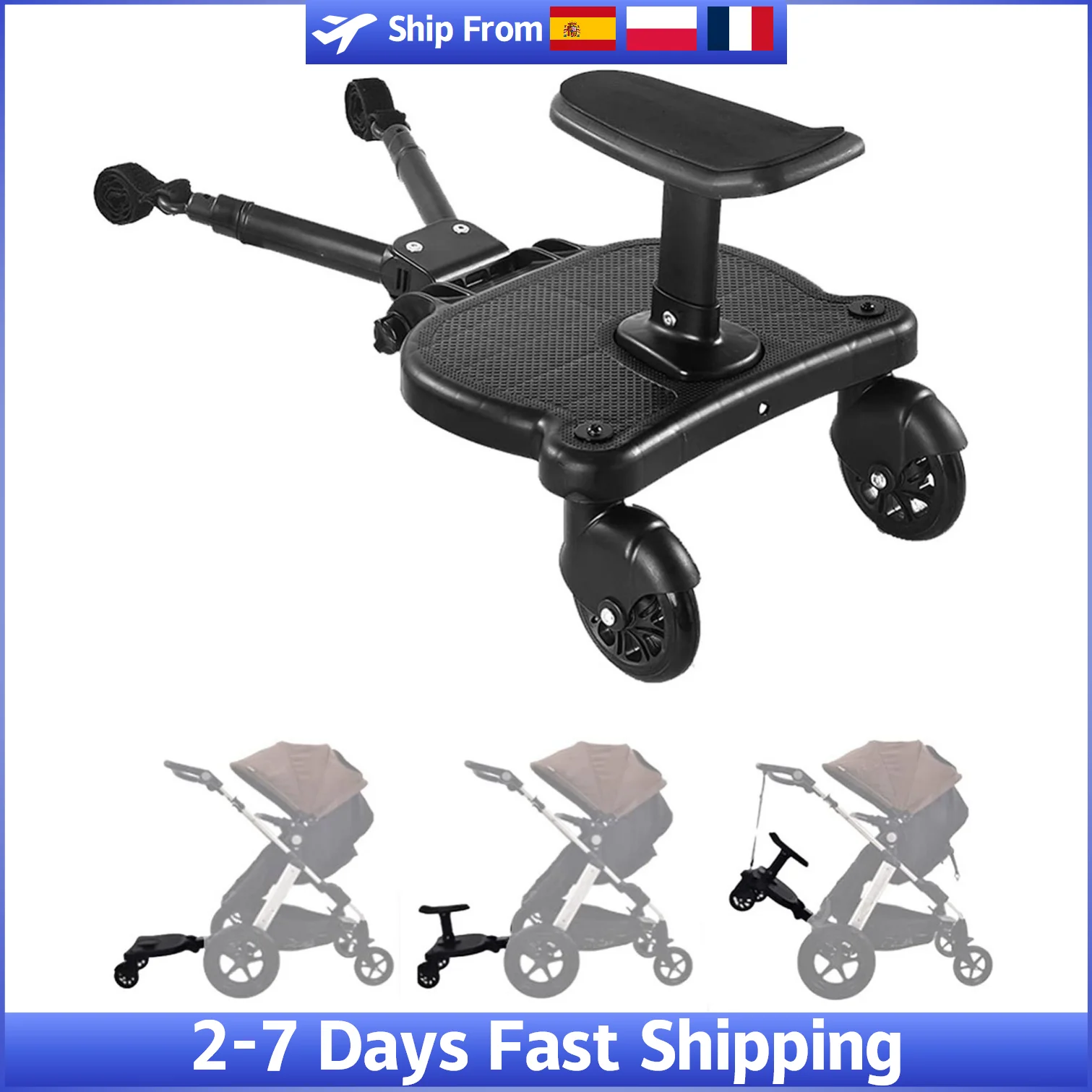 لوح عربة أطفال قابل للتعديل للجلوس والوقوف مناسب عالميًا 25 كجم محمل ركوب على لوحة عربات التي تجرها الدواب مع مرفق عربة أطفال بمقعد #1