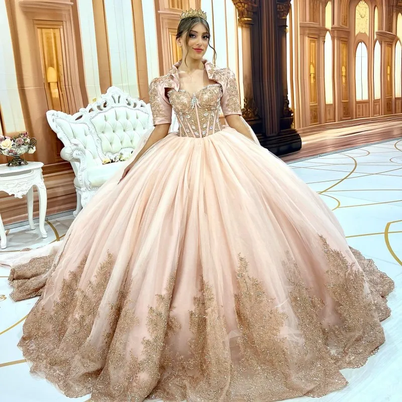 

Lorencia 2024, милое платье Quinceanera цвета шампанского для 15 вечеринок, модные кружевные платья с аппликацией и кристаллами, Vestidos De 15 Años YQD340