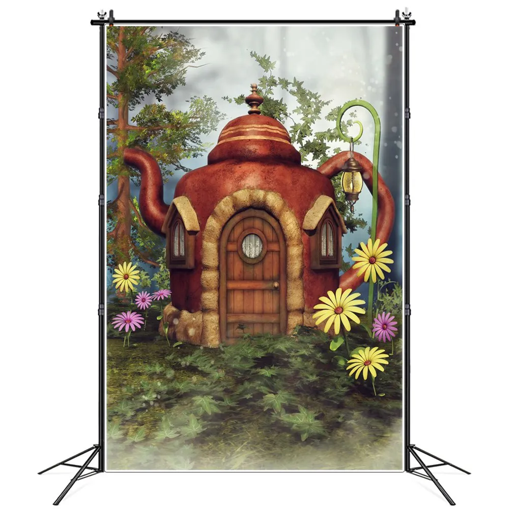 Girls Jug Huts Birthday Party Photography Backdrops Stand Children Forest Fairy Wonderland Flowers Cabin Photographic Background