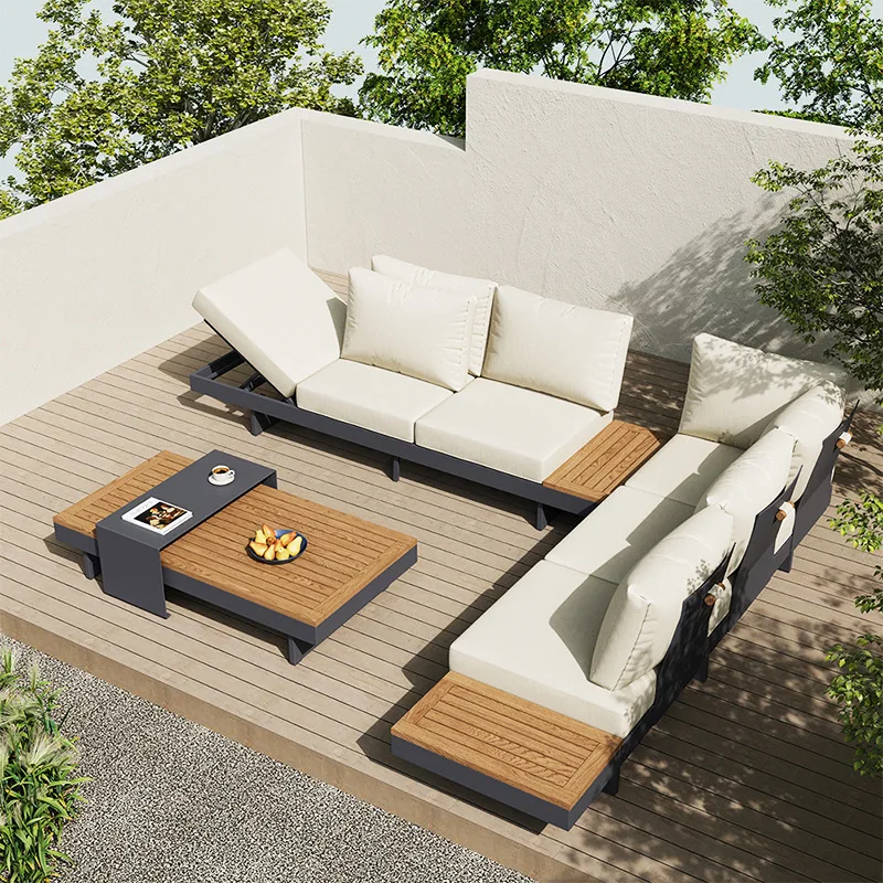 

Factory Outdoor Leisure Combination Aluminum Metal Teak Sofa Pavilion Terrace Balcony Courtyard Villa Garden Set Furniture