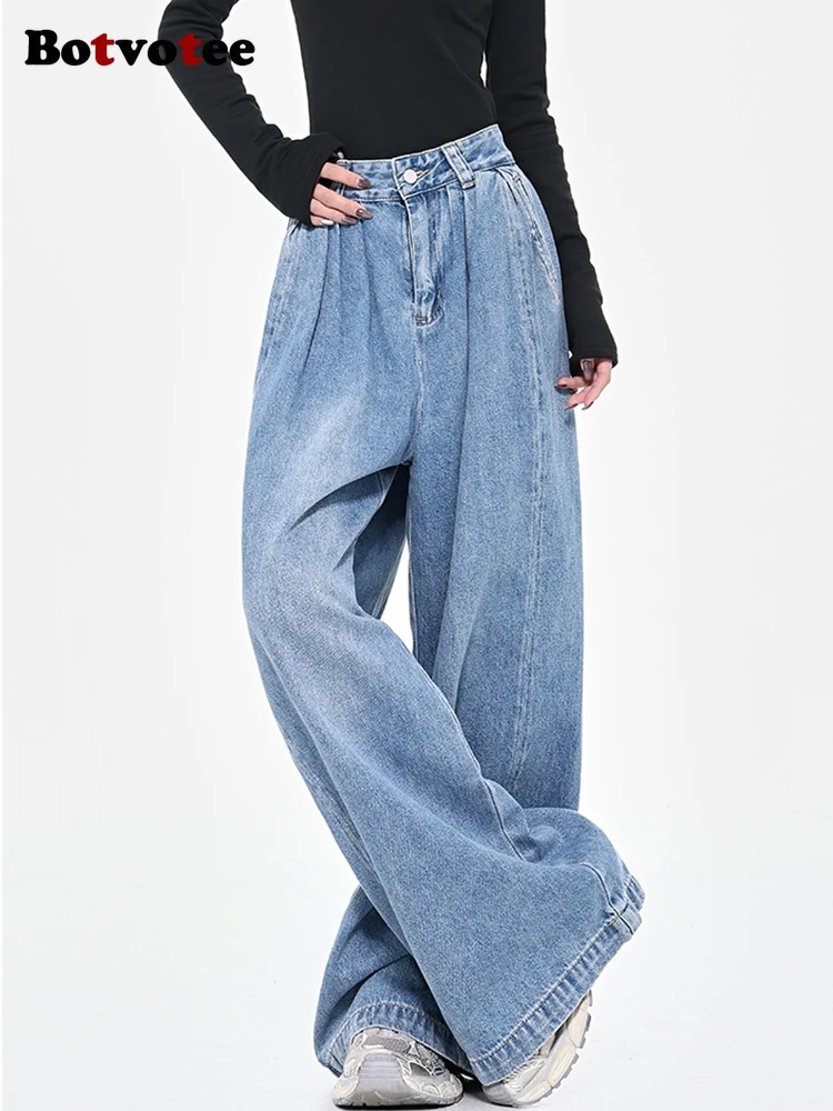 Botvotee Baggy-Cargo-Jeans mit weitem Bein und hoher Taille, Punk-Stil, Baggy, lockere blaue Denim-Hose, übergroße Y2k-Jeans
