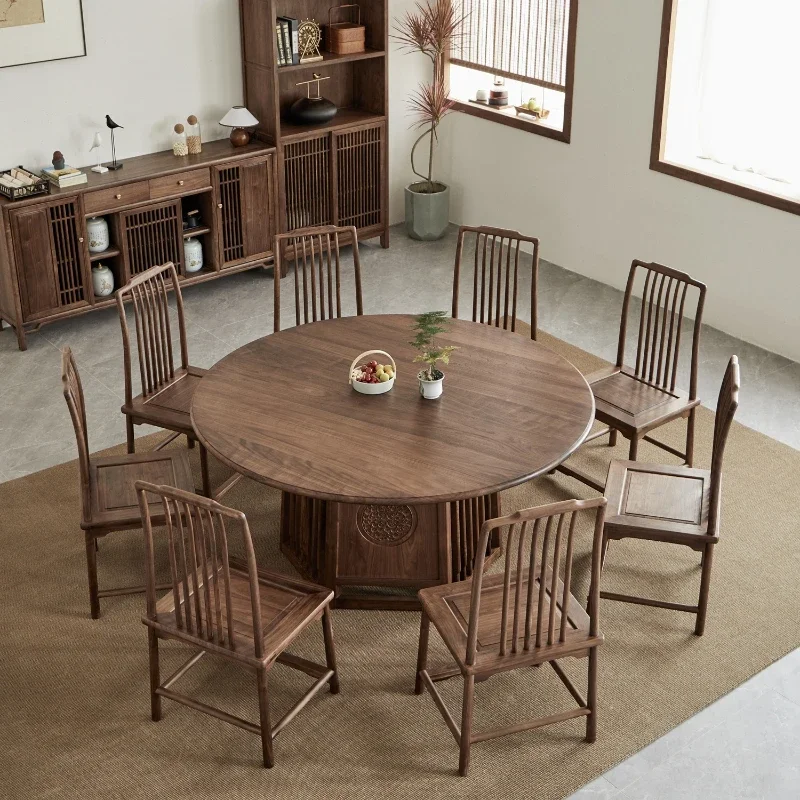 New Chinese-style solid wood round dining table Household black walnut round table with turntable round dining table Small