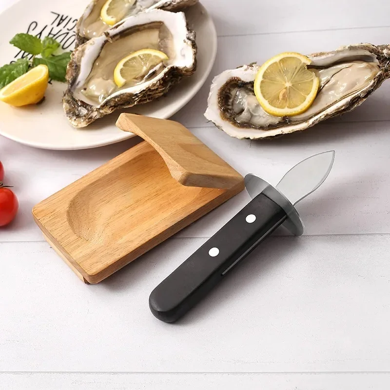 Oyster Shucking Set Stainless Steel Knife Wood Clamp Holder Protective Tool for Opening Clams and Raw Oysters Seafood Tools