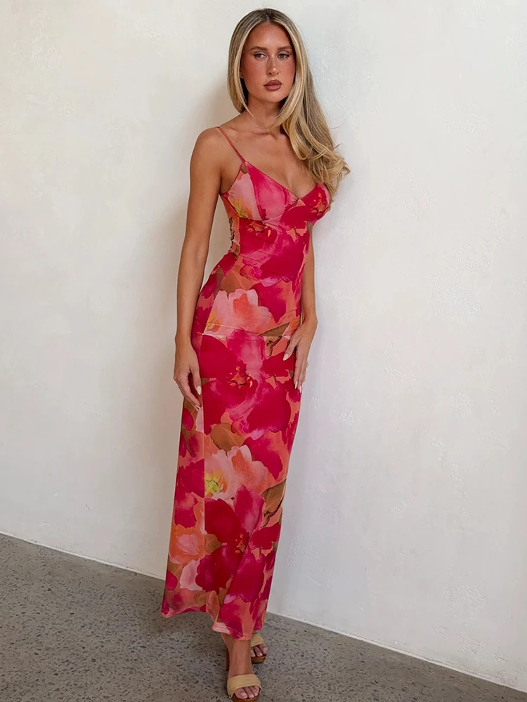 เดรสสายเดี่ยววันวาเลนไทน์ลายดอกไม้สีสันสดใสสำหรับผู้หญิง โชว์หลัง คอลึก เซ็กซี่ เหมาะสำหรับวันหยุดพักผ่อนฤดูร้อน ออกเดท ทรงเข้ารูป