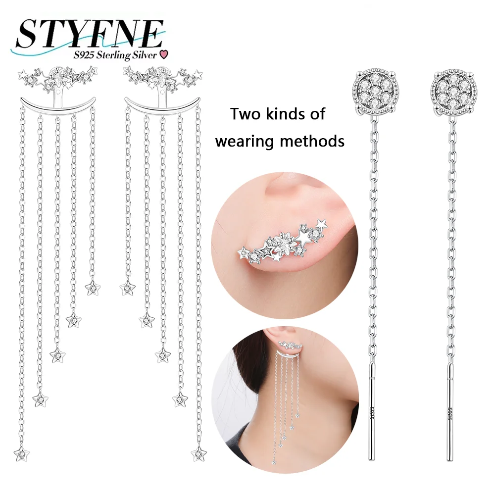 Earrings 925 Silver Shiny Zircon Moon Stars Fringed Stud Earrings One Style Two Wear for Women Jewelry Birthday Party Fine Gift