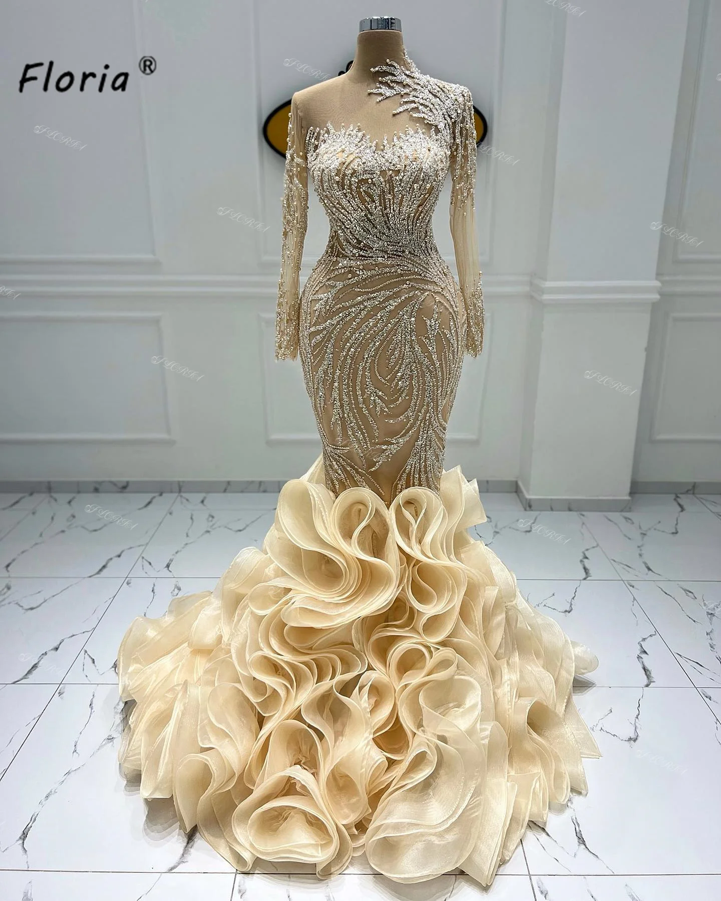 Luxury Layered Ruffle Sequin Wedding Dresses Mermaid Dubai Long Sleeve Pearl Champagne Woman Brides Gown vestidos de novias 2025