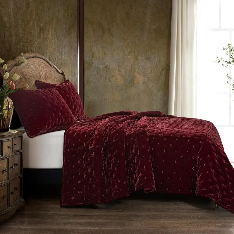 Stella Faux Silk Velvet Pintuck Garnet Red Queen Quilt Set