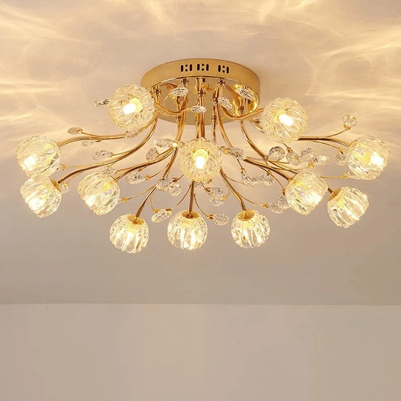

Modern Luxury Crystal Flush Mount Ceiling Light Gold Flower Frame Chandelier LED Bright Lighting Fixture for Home Apartment Hote