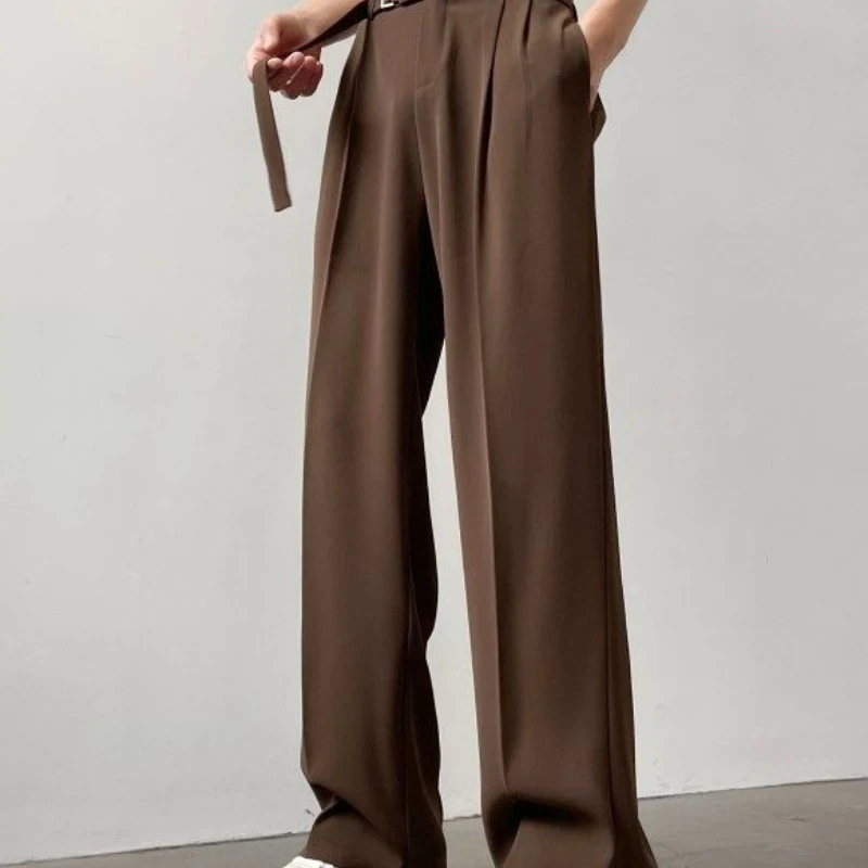Men's Coffee Neapolitan Draped High-Waist Straight Dress Pants Slim Fit Casual Trousers