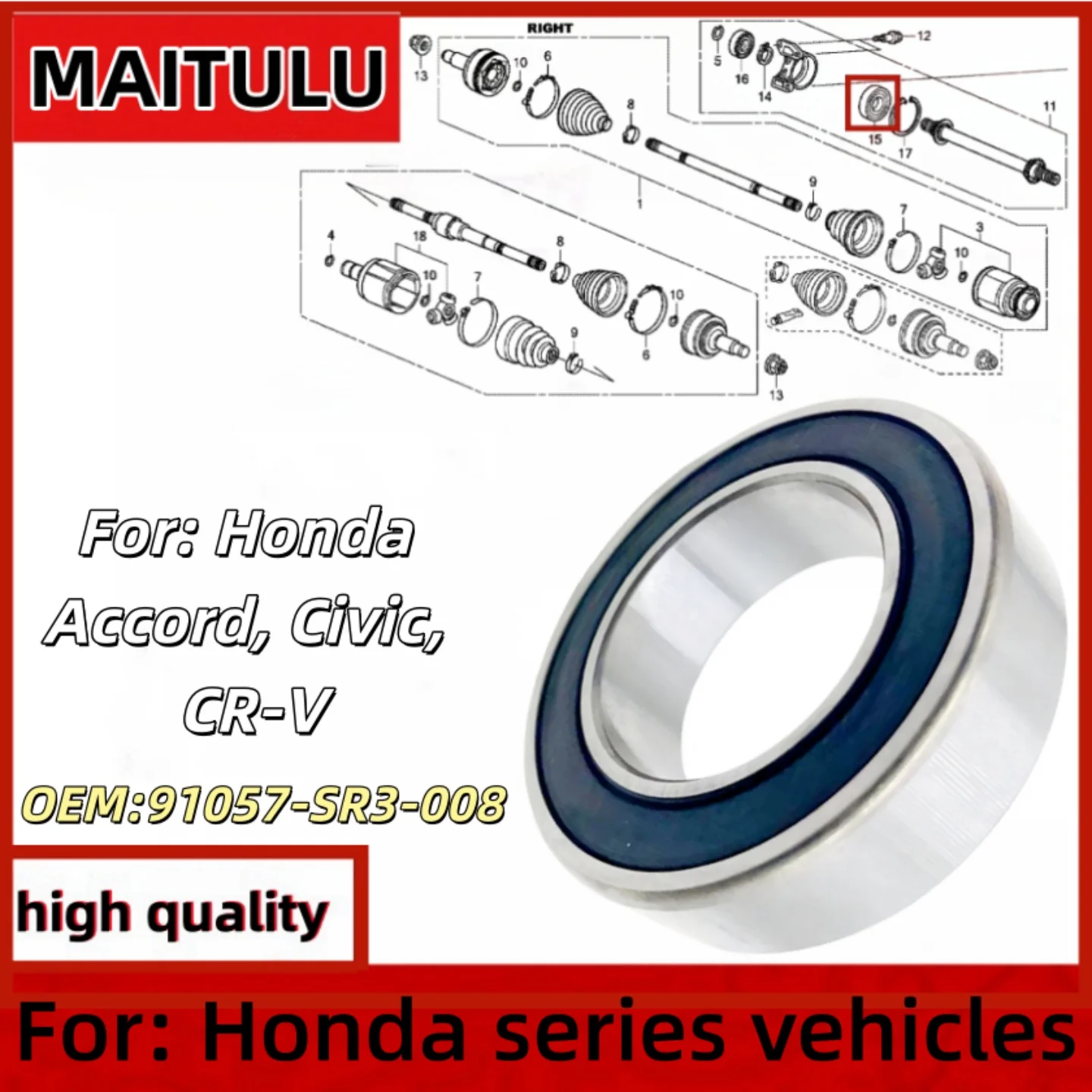 

91057SR3008 Suitable for Ho nd a Odyssey CR-V Accord Civic Half shaft bearings and bridge bearings 91057-SR3-008