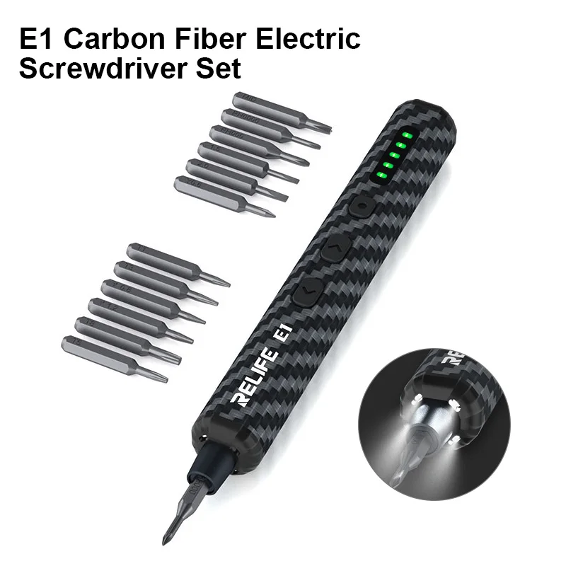 RELIFE E1 Electric Screwdriver Set Carbon Fiber 5-speed Speed Adjustment S2 Steel Magnetic Bit Disassembly Screwdriver Kit