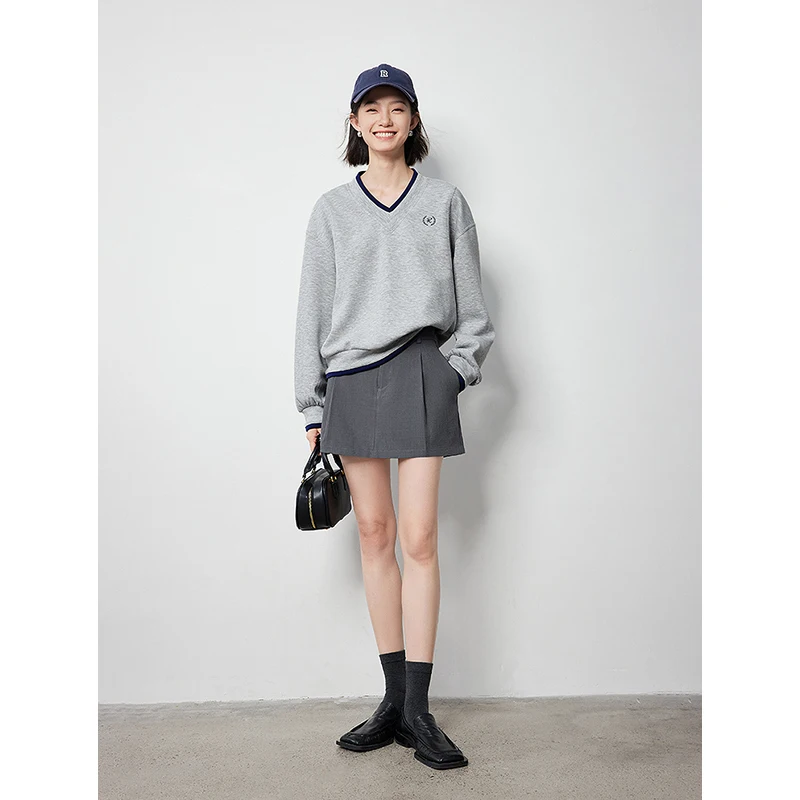 TOYOUTH Women Hoodie 2024 Autumn New Contrasting Color V Neck Splicing Split Design Pullover Tops Gray