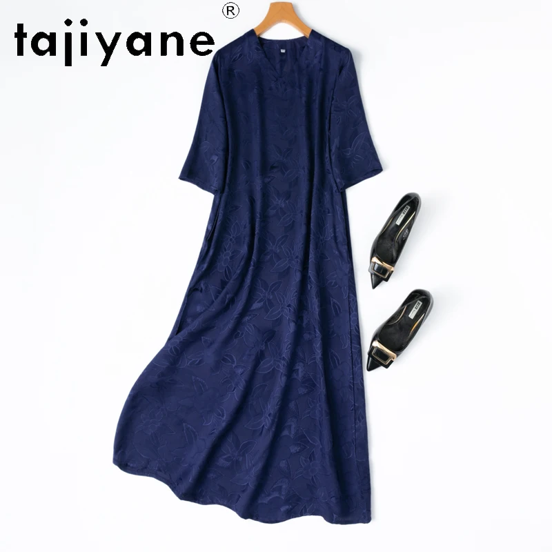

TAJIYANE 100% Real Mulberry Silk Dress Woman 2025 Elegant Navy Blue Long Dresses Summer V-neck Party Dresses Women Clothing 원피스