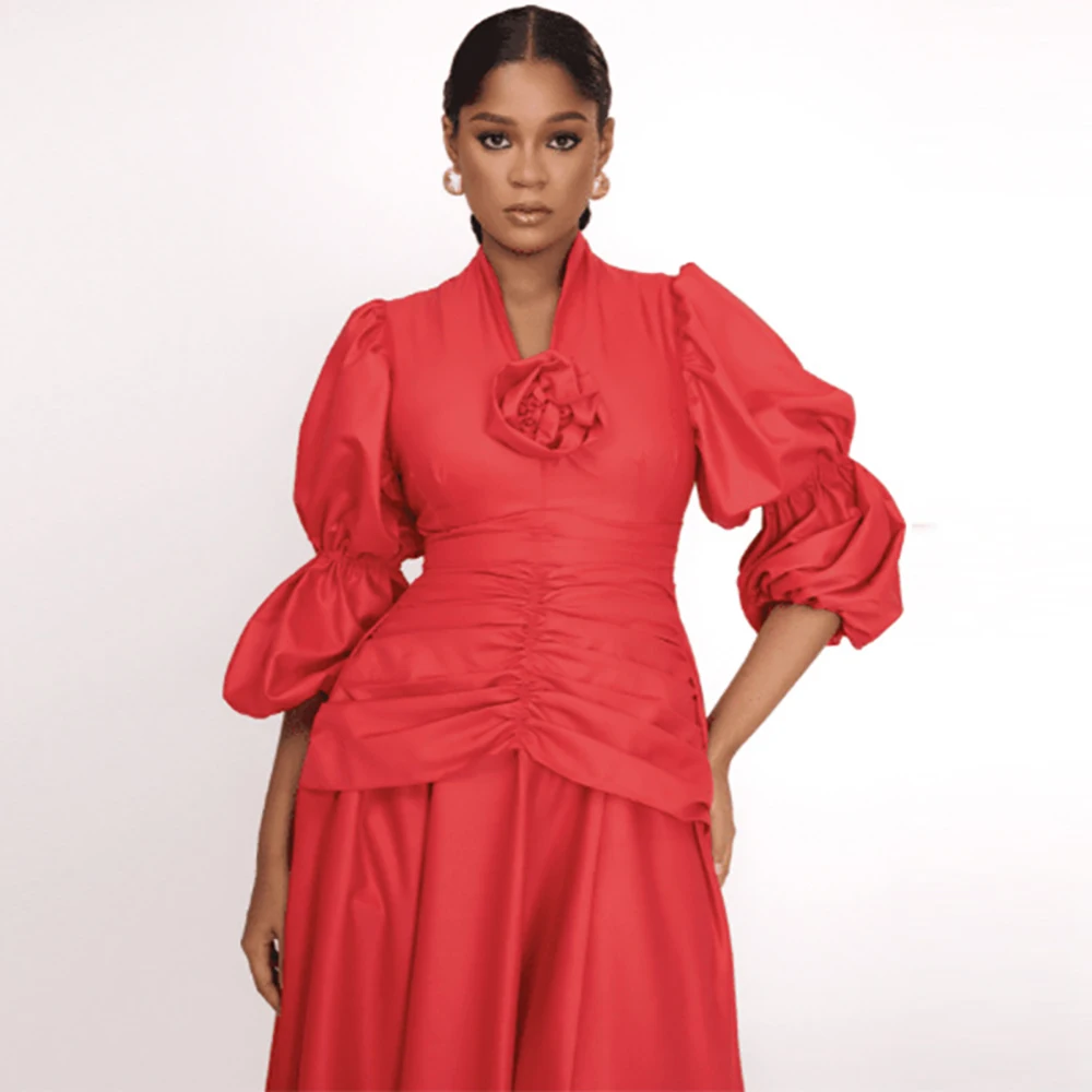 

Women Applique Flowers Fashion V-Neck Casual Dress 3/4 Sleeve High Waist Streetwear Puff Sleeves Side Pockets Chic Maxi Vestidos