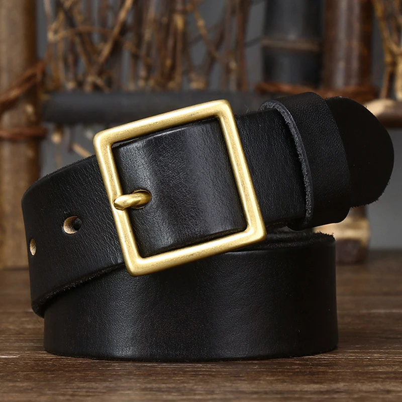 3.3CM Pure Cowhide Genuine Leather for Men's Women High Quality Jeans Brass Buckle Belts Cowboy Fashion Designer Matching Belt