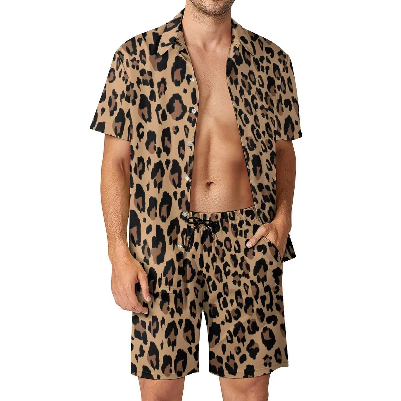 Shirt Met Luipaard Dierenpatroon 2 Stuks Sets 3d Heren Casual Mouwen Oversized Strandshorts Hawaiiaanse Streetwear-Pakken