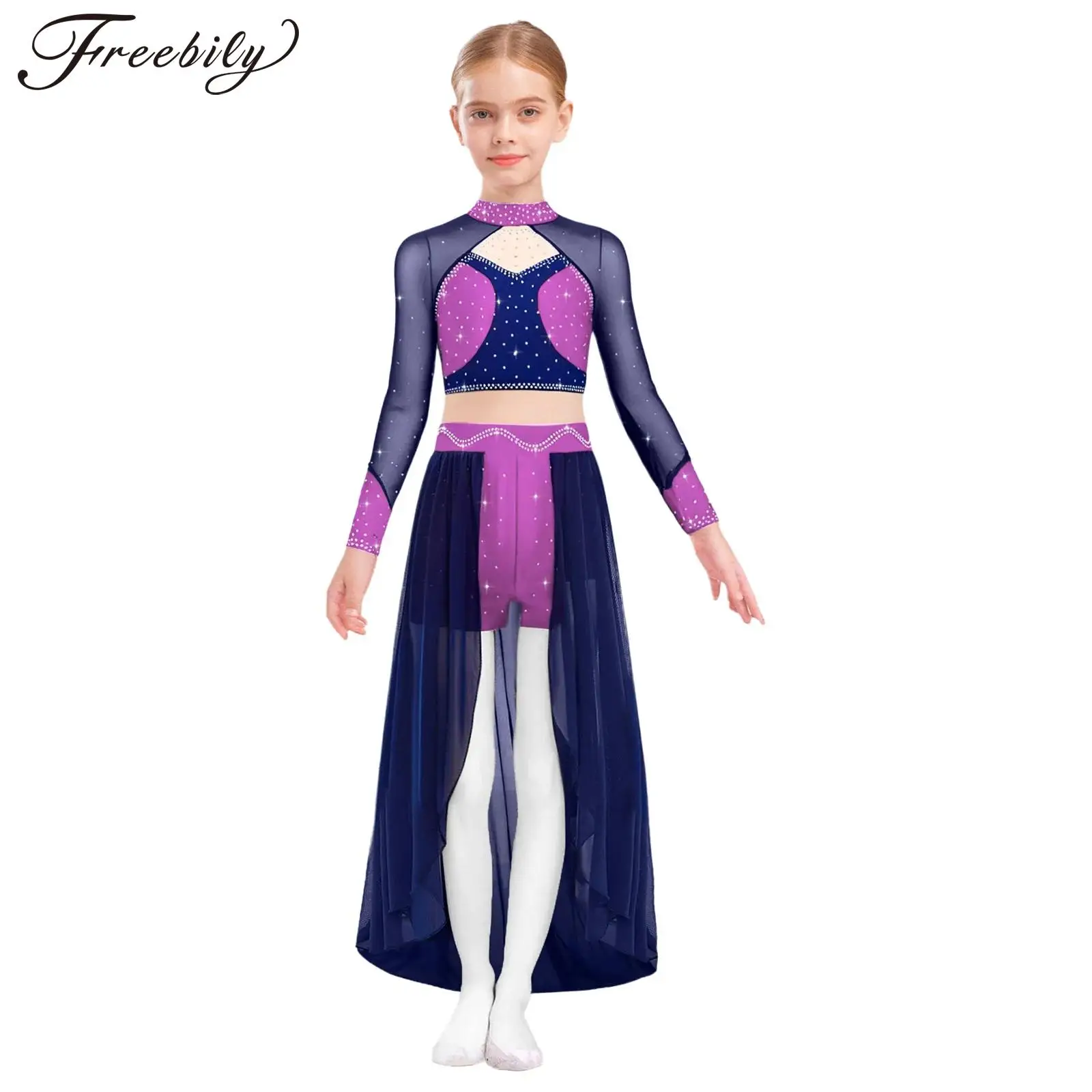 

Girls Rhinestones Modern Lyrical Dance Outfits Ballet Figure Skating Gymnastics Costume Sheer Mesh Crop Tops with Skirted Shorts