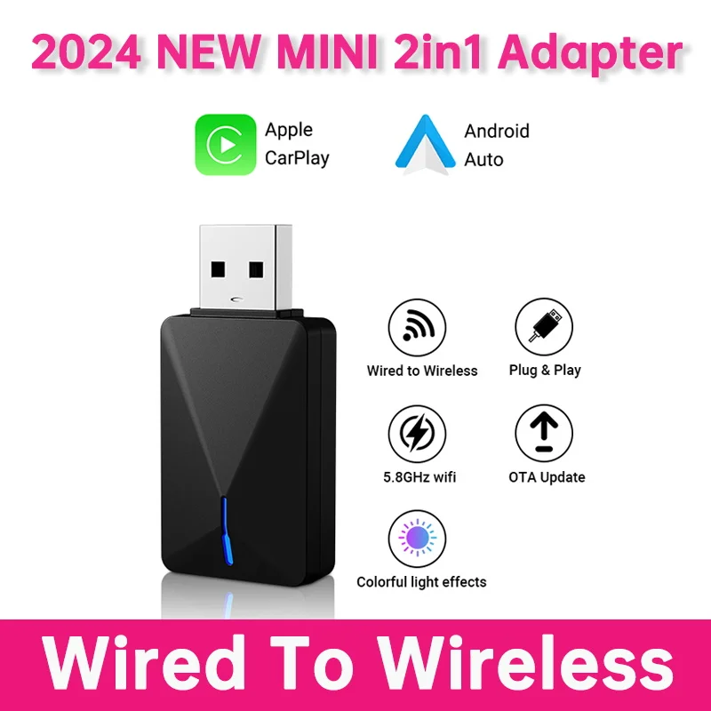 2024 Nieuwe Adapter 2in1 Mini CarPlay Box Bedraad Naar Draadloze CarPlay & Android Auto Smart box Bluetooth WiFi Connect Plug & Play Fit 99%