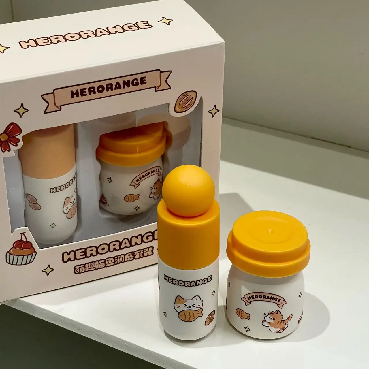 Herorange Cute Cat-Fish Lip Balm Set Day & Night Double Care Moisturizing Anti Dry Crack Lip Care Gift Box