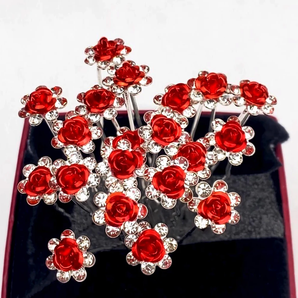 IFMIA 20pcs Fashion Wedding Bridal Crystal Red Flower Rhinestone Hair Pins Clips Hairwear Jewelry Engagement Hair Accessories