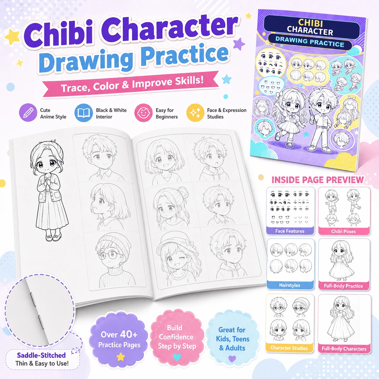 Chibi Character Drawing Practice Book,Learn Eyes, Hair, Faces, Poses and Character Design, Fun Drawing Activity Gift